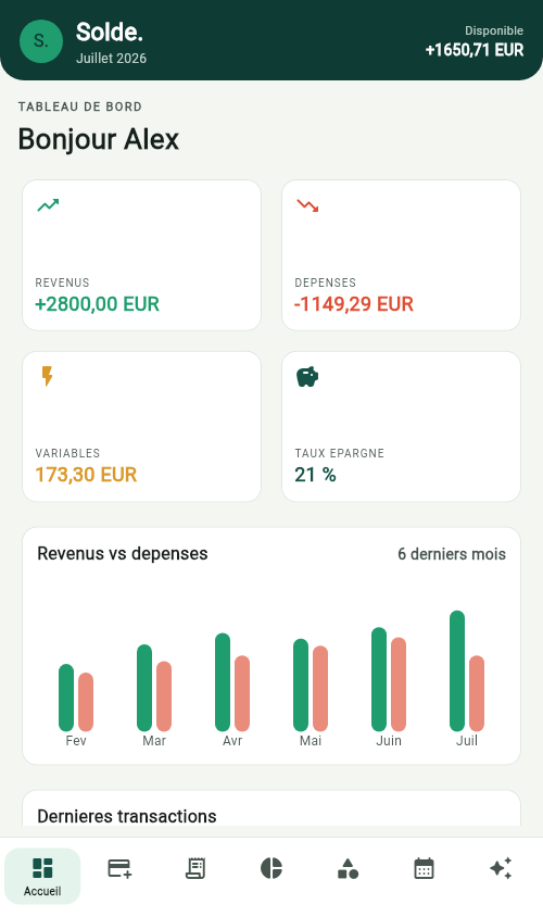 Capture Flutter de l'application mobile Solde affichant le tableau de bord